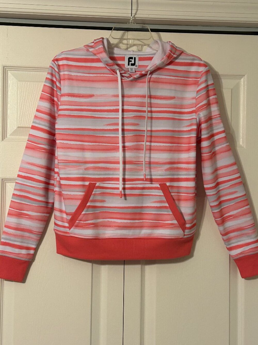 Womens FOOTJOY Sz XS Coral White Gray Stripes Athletic Hoodie Top